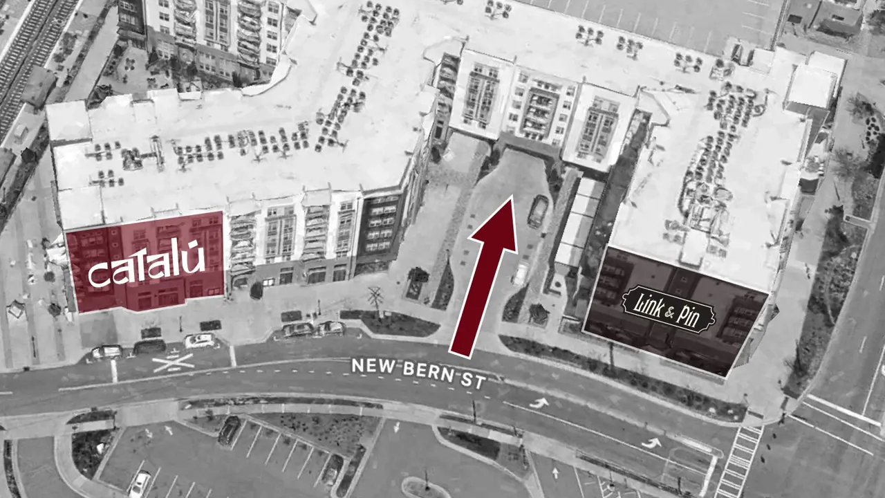 Parking map, showing available parking off of New Bern Street in between Catalu and Link & Pin